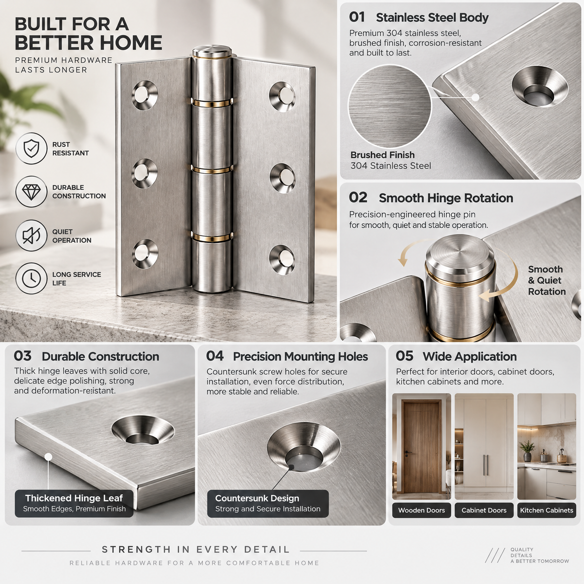 Avelmaris™ Brushed Stainless Steel Door Hinge Set